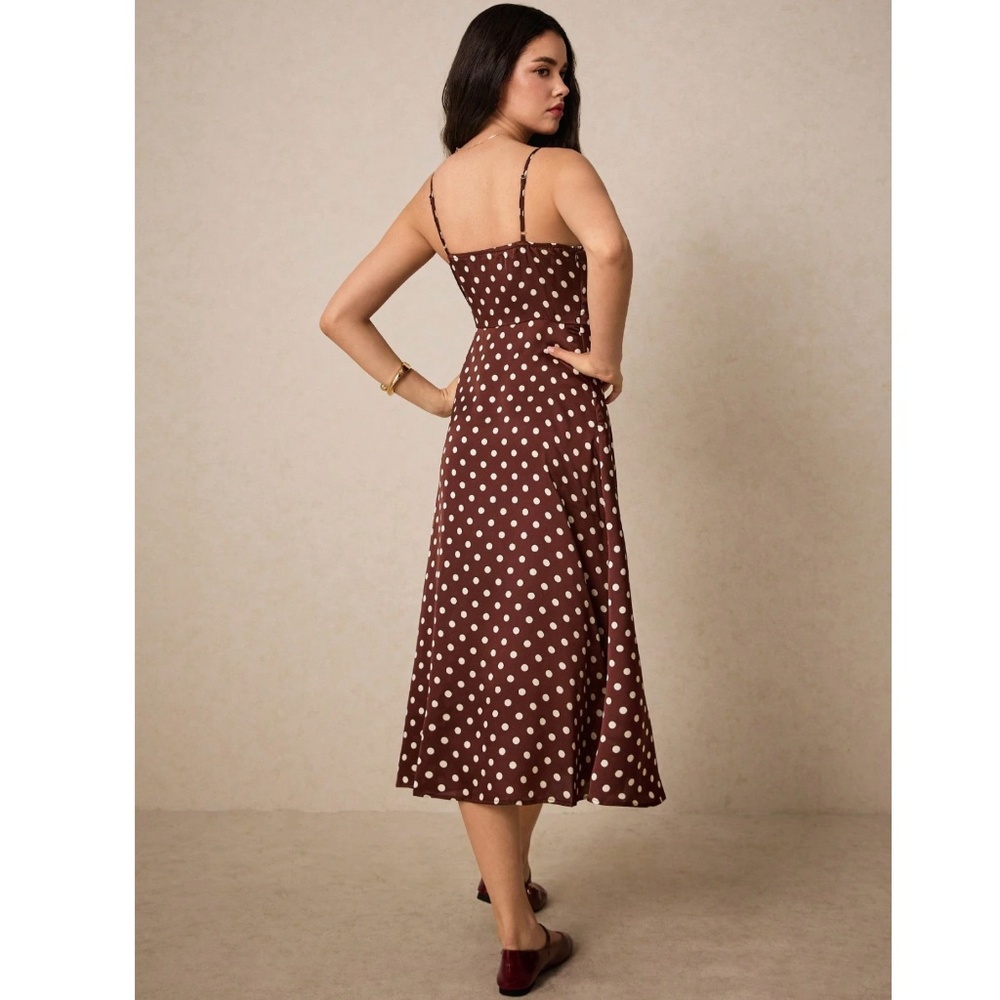 NWT - French Style Polka Dot Brown Midi Dress Leg Slit - Picture 14 of 16